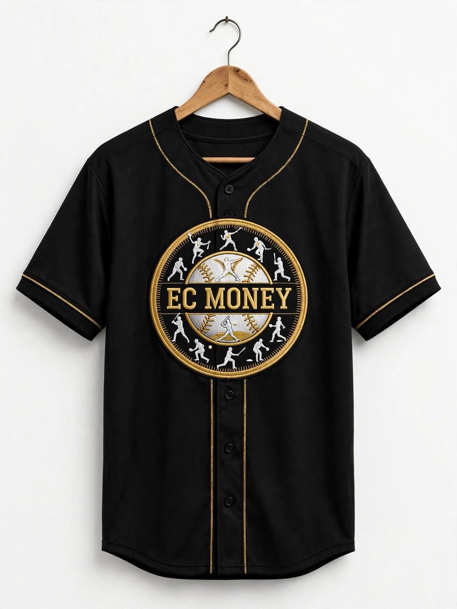 Jersey de béisbol negro con ribetes dorados y el parche de EC Money